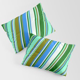 [ Thumbnail: Aquamarine, Green, Blue, Mint Cream, and Dark Green Colored Lined/Striped Pattern Pillow Sham ]