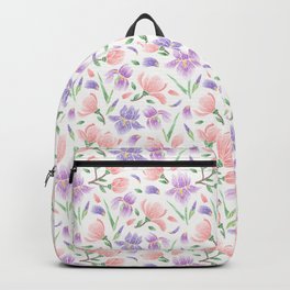 Magnolia and Iris Embroidery Style Backpack | Botanical, Iris, Graphicdesign, Ournest, Floralpattern, Elegant, Sayings, Modern, Magnolia, Digital 