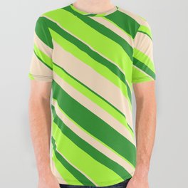 [ Thumbnail: Forest Green, Light Green, and Bisque Colored Striped/Lined Pattern All Over Graphic Tee ]