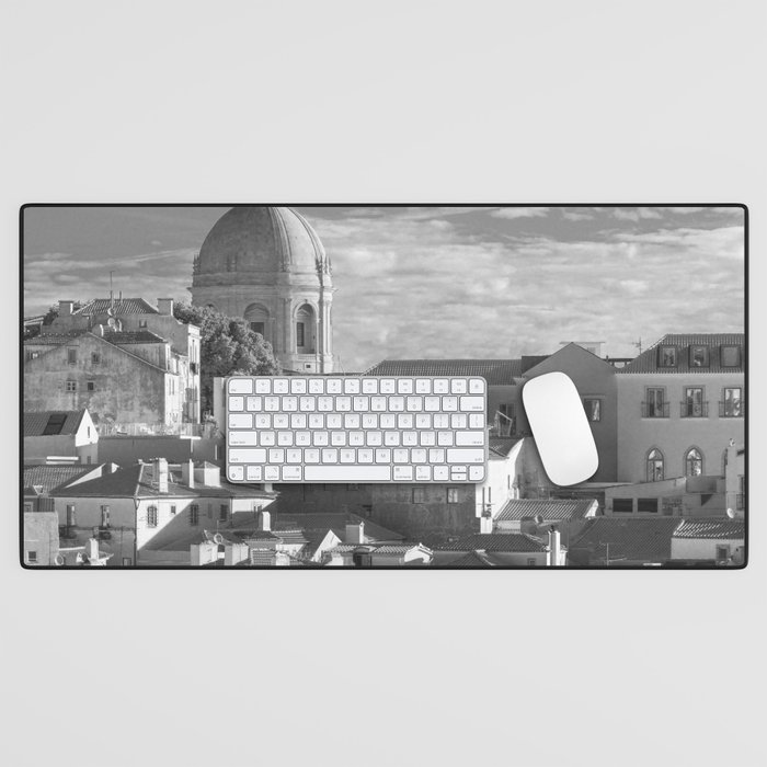 Vintage black and white view of Alfama, Lisbon, Portugal art print - summer travel photography Desk Mat