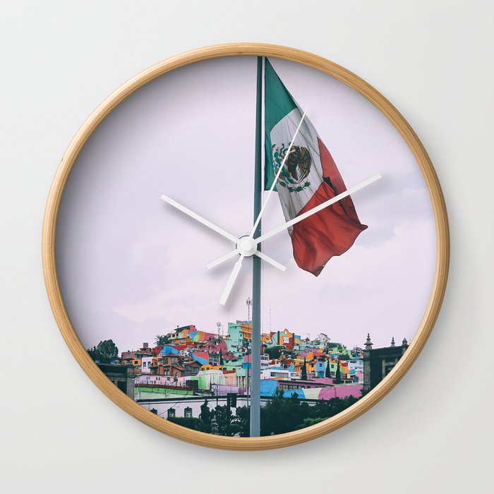 Mexico Photography - The Mexican Flag In Front Of A Colorful City Wall Clock