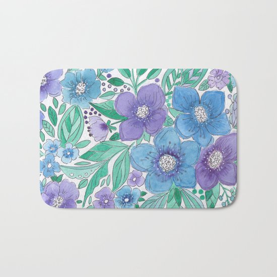 Watercolor . Blue Bouquet. Bath Mat