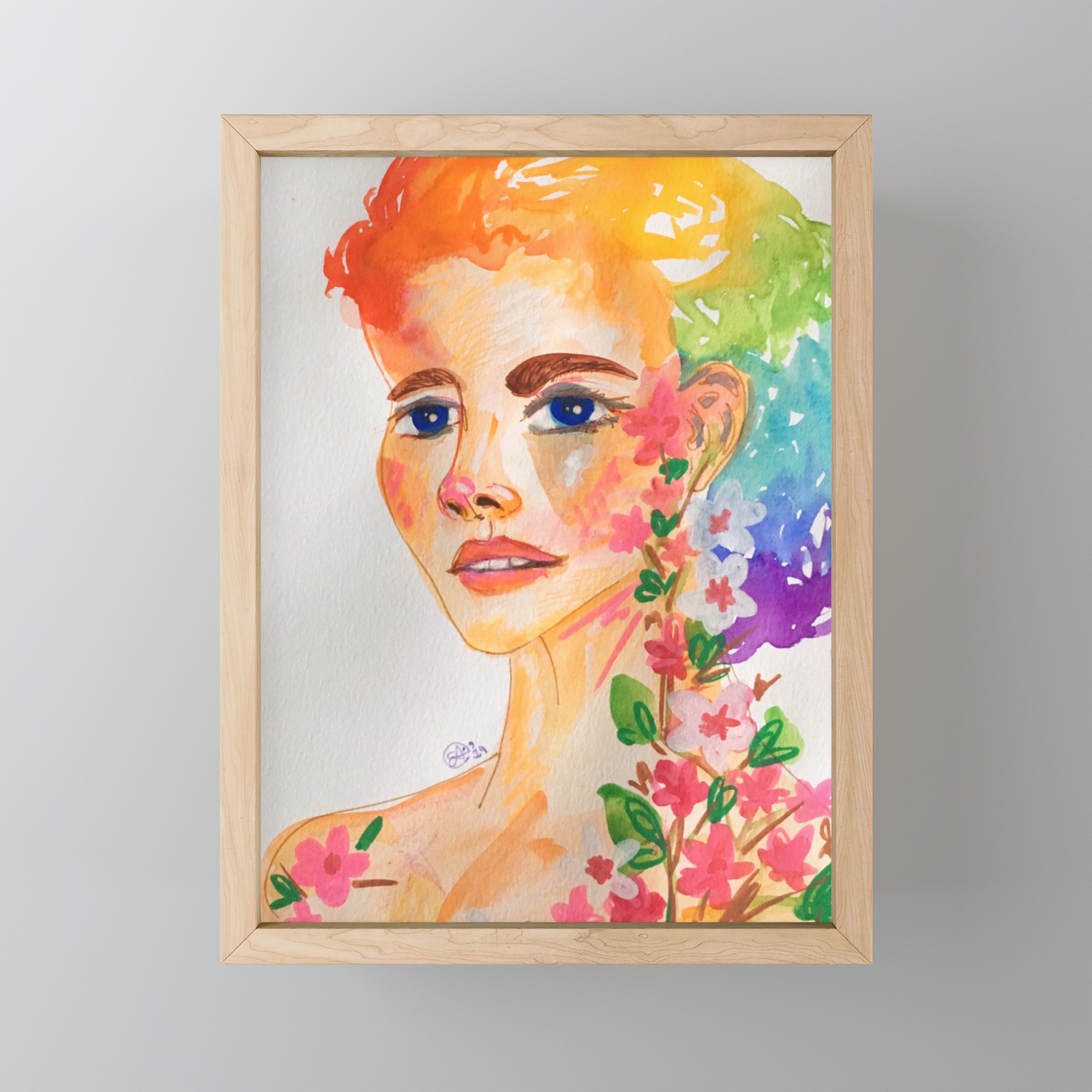 Acrylic And Watercolor Girl With Flowers On Her Neck Painting By
