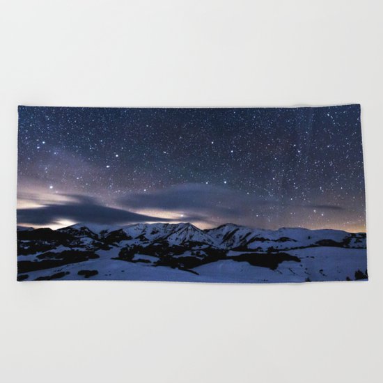 Starry Night Sky Winter Mountain Beach Towel