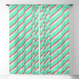 [ Thumbnail: Green, Red & Powder Blue Colored Striped Pattern Sheer Curtain ]
