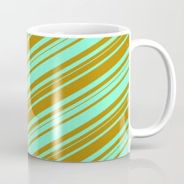 [ Thumbnail: Aquamarine and Dark Goldenrod Colored Lined/Striped Pattern Coffee Mug ]