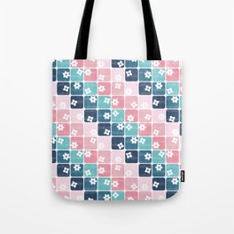 Pink Blue Retro Diagonal Square Flowers Tote Bag