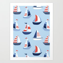 Sailboats in the distance - Blue and Orange Art Print