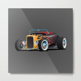 Custom Hot Rod Roadster Car with Flames, Chrome Rims and White Wall Tires Metal Print | Style, Retro, Art, Paint, Streetrod, Vector, Design, 1930S, Race, Flames 