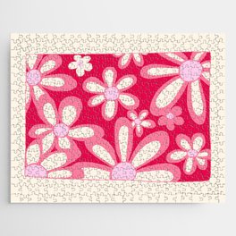 FlowerPower - Red Pink Colourful Retro Minimalistic Art Design Pattern Jigsaw Puzzle
