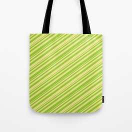 [ Thumbnail: Green & Tan Colored Striped/Lined Pattern Tote Bag ]
