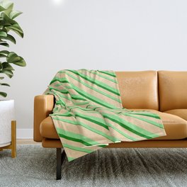[ Thumbnail: Tan, Light Green, and Green Colored Lined/Striped Pattern Throw Blanket ]