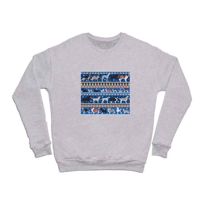 Fluffy and bright fair isle knitting doggie friends // classic and electric blue background brown orange white and grey dog breeds  Crewneck Sweatshirt