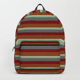 [ Thumbnail: Colorful Light Gray, Dark Sea Green, Dim Gray, Maroon & Brown Colored Lines Pattern Backpack ]