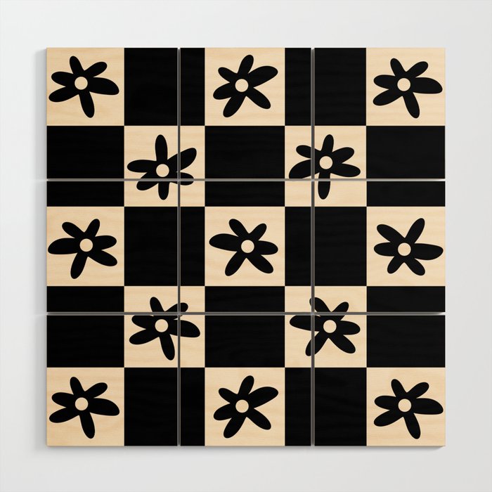 Flower Check Checkerboard Geometric Floral Pattern Black and Almond Cream Wood Wall Art