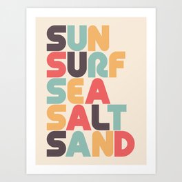 Sun Surf Sea Salt Sand Typography - Retro Rainbow Art Print