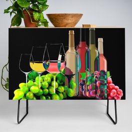 Graphic Art Composition Of Grapes, Wine Glasses, and Bottles Credenza