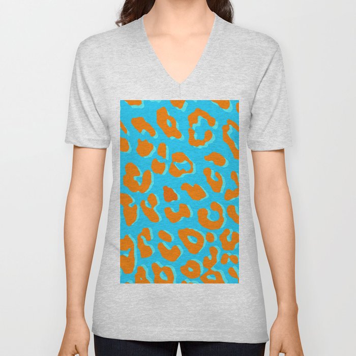 Leopard Print Orange Blue V Neck T Shirt
