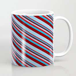 [ Thumbnail: Red, Deep Sky Blue, Maroon & Sky Blue Colored Lined/Striped Pattern Coffee Mug ]