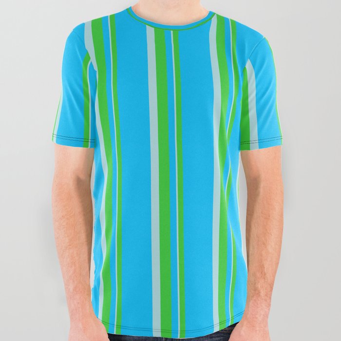Deep Sky Blue, Lime Green, and Powder Blue Colored Striped Pattern All Over Graphic Tee