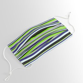 [ Thumbnail: Vibrant Chartreuse, Grey, Midnight Blue, Light Cyan & Black Colored Lined/Striped Pattern Face Mask ]