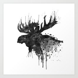 Black and White Moose Head Watercolor Silhouette Art Print