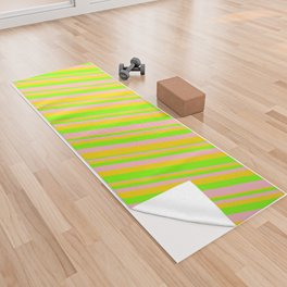 [ Thumbnail: Light Pink, Yellow & Chartreuse Colored Lines Pattern Yoga Towel ]
