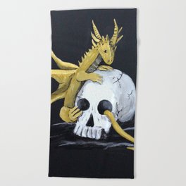 Gold Dragon & Skull Beach Towel | Silver, Acrylic, Wings, Skull, White, Black, Dragon, Medevil, Scales, Painting 