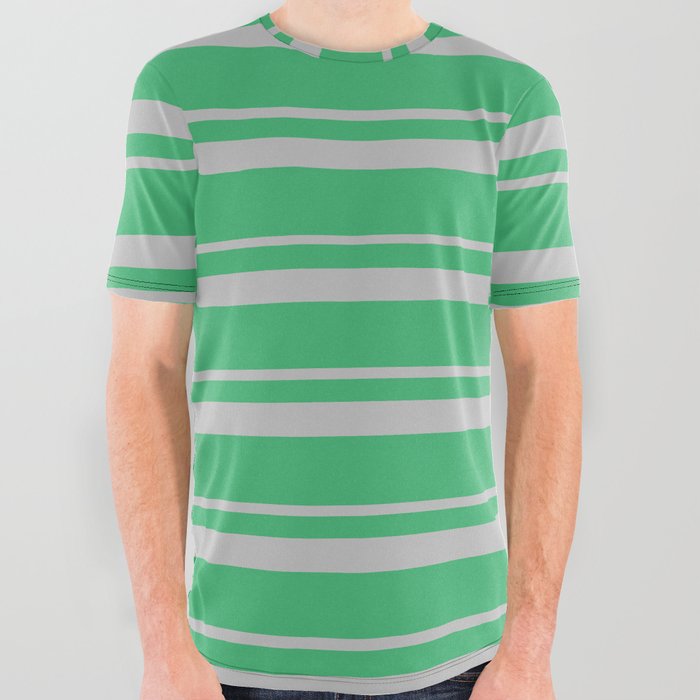Grey & Sea Green Colored Lined/Striped Pattern All Over Graphic Tee