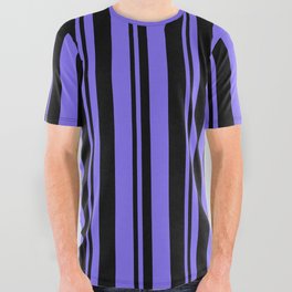 [ Thumbnail: Black & Medium Slate Blue Colored Lines Pattern All Over Graphic Tee ]