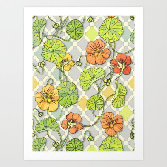 Climbing Nasturtiums in Lemon, Lime and Tangerine Art Print