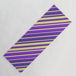 [ Thumbnail: Purple, Dark Slate Blue, and Tan Colored Striped Pattern Yoga Mat ]