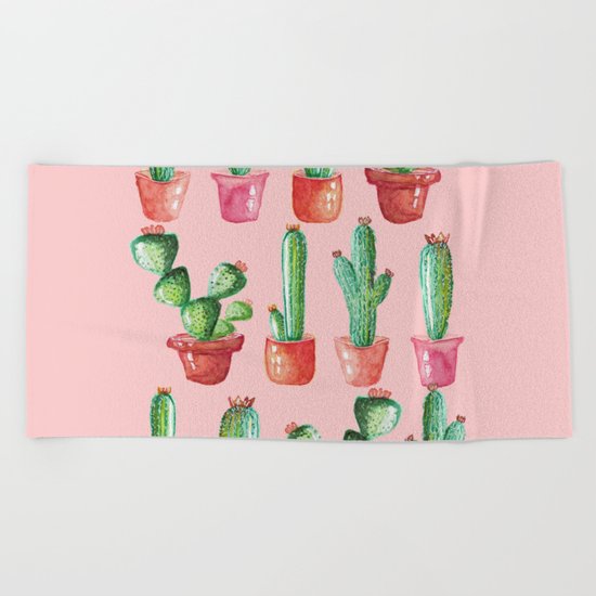 Watercolor Cactus on Pink Beach Towel