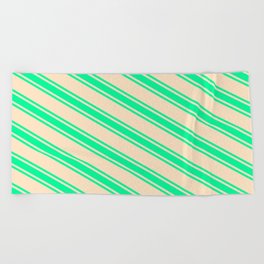 [ Thumbnail: Bisque & Green Colored Lines Pattern Beach Towel ]
