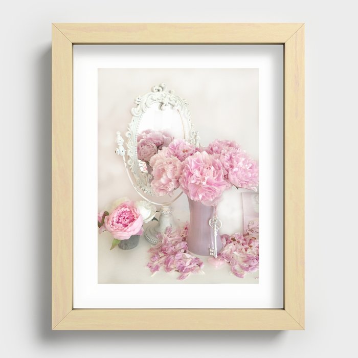 Shabby Chic Pink Peonies White Mirror Romantic Cottage Prints Home Decor Recessed Framed Print