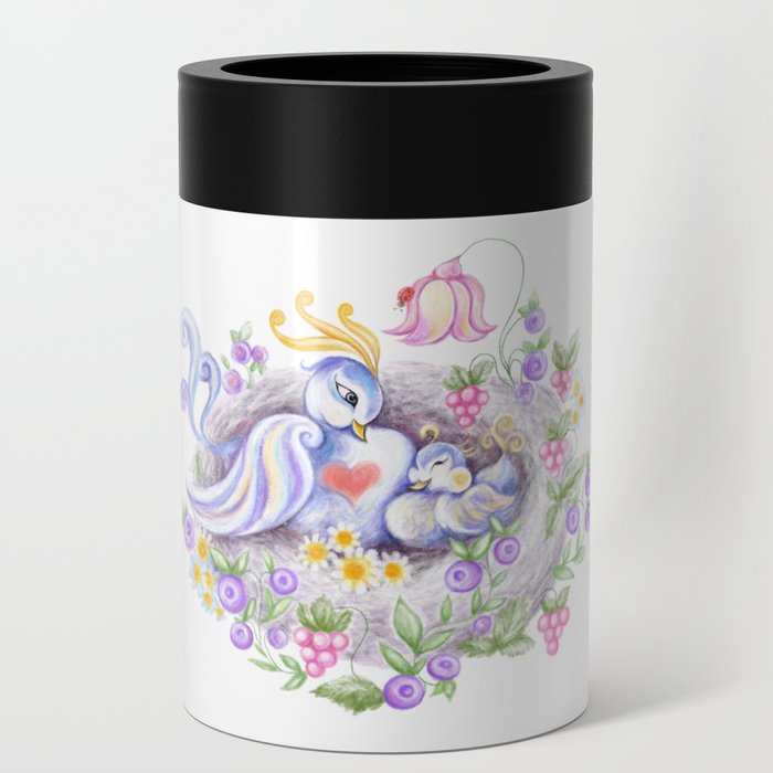 Cute mother bird and baby bird in the nest Can Cooler