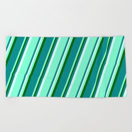 [ Thumbnail: Dark Green, Dark Cyan, Light Cyan, and Aquamarine Colored Lined Pattern Beach Towel ]