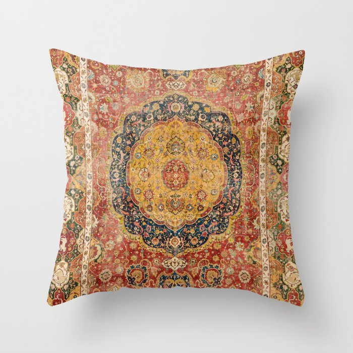 Indian Boho I // 16th Century Distressed Red Green Blue Flowery Colorful Ornate Rug Pattern Throw Pillow