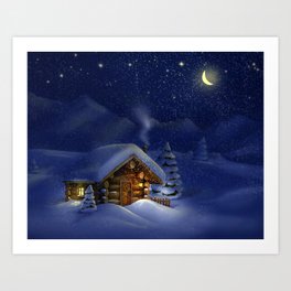 Christmas night landscape - hut, snow, pine trees Art Print | Nature, Painting, Landscape, Illustration 