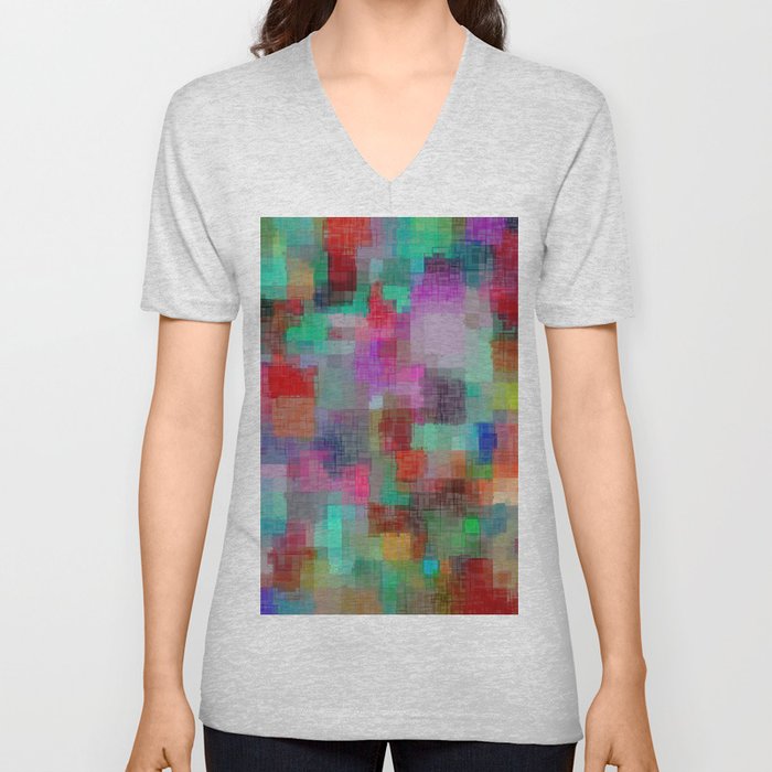 geometric square pixel pattern abstract in green blue red pink purple V Neck T Shirt