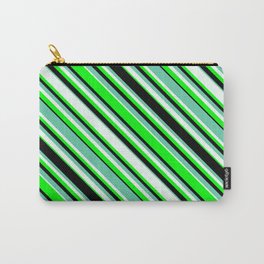 [ Thumbnail: Aquamarine, Mint Cream, Lime, and Black Colored Pattern of Stripes Carry-All Pouch ]