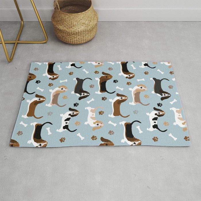 Basset Hound Paws and Bones Blue Rug