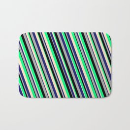 [ Thumbnail: Eyecatching Green, Bisque, Midnight Blue, Dark Grey, and Black Colored Lines/Stripes Pattern Bath Mat ]