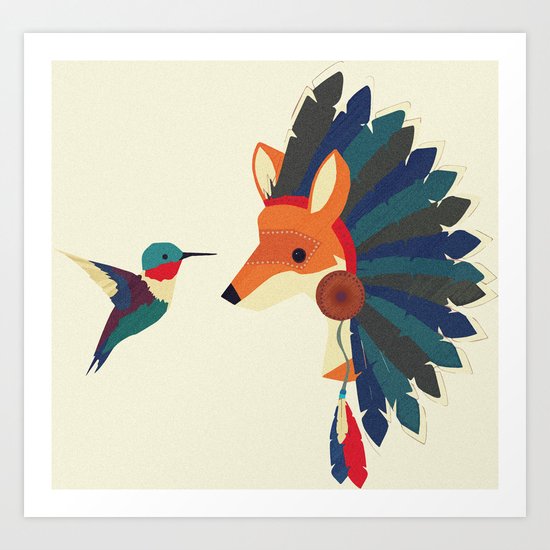 Painted Indian Fox and Hummingbird Art Print