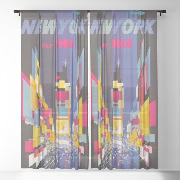 New York Fly Twa Vintage Advertising Sheer Curtain