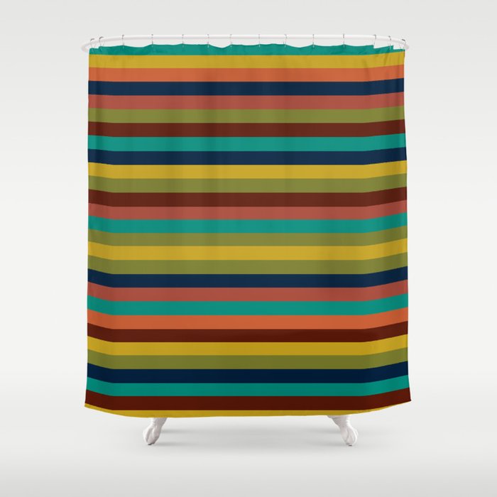 Joseph Stripes II Midcentury Modern Stripe Pattern in Mid Mod Mustard, Olive, Turquoise Teal, Orange Shower Curtain