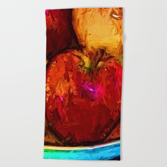 Red Apple and Gold Apples in a Blue Bowl Beach Towel