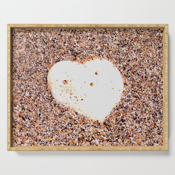 Heart-Shaped White Shell on Sandy Beach Serving Tray