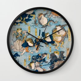 Woodblock Hero Frogs Vintage Illustration  by Utagawa Kuniyoshi Ukiyo-e Style Samurai Sword Kung Fu Wall Clock | Trendy Bedroom Photo, Simple Retro Design, Colorful Water Color, Girls Dorm Aesthetic, Traditional Asian, Famous Artsy Drawing, Wood Block Heroes, College Room Decor, Anime Avatar Style, Old Artwork Pictures 