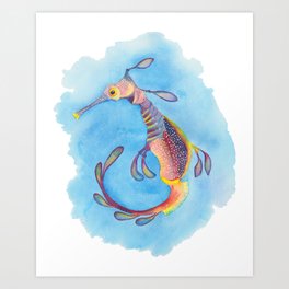 Weedy seadragon against blue background - watercolour Art Print